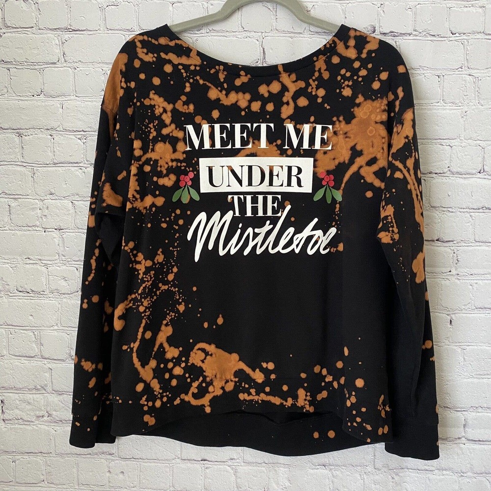 Meet Me Under The Mistletoe Women's Christmas Upcycled Bleached LS T-Shirt - L